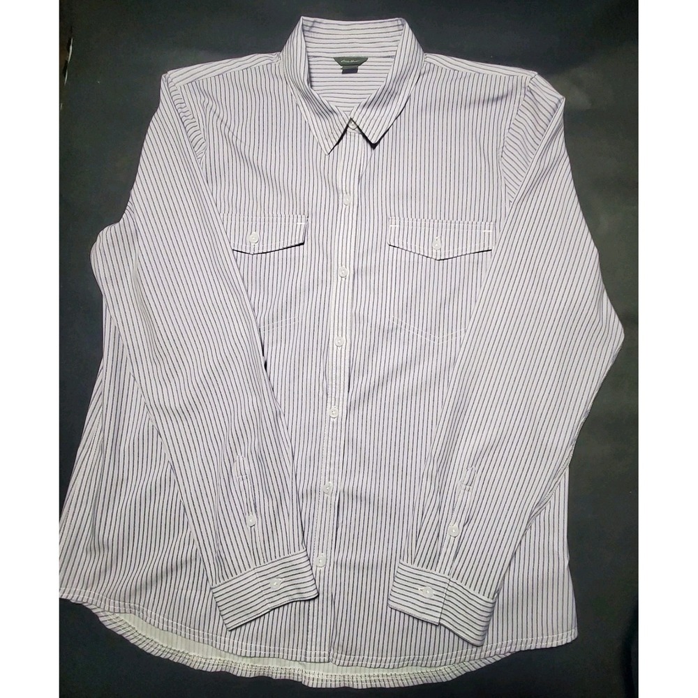 Eddie Bauer Top L Blue Striped Button Up Roll Tab Sleeve Womens - Casual